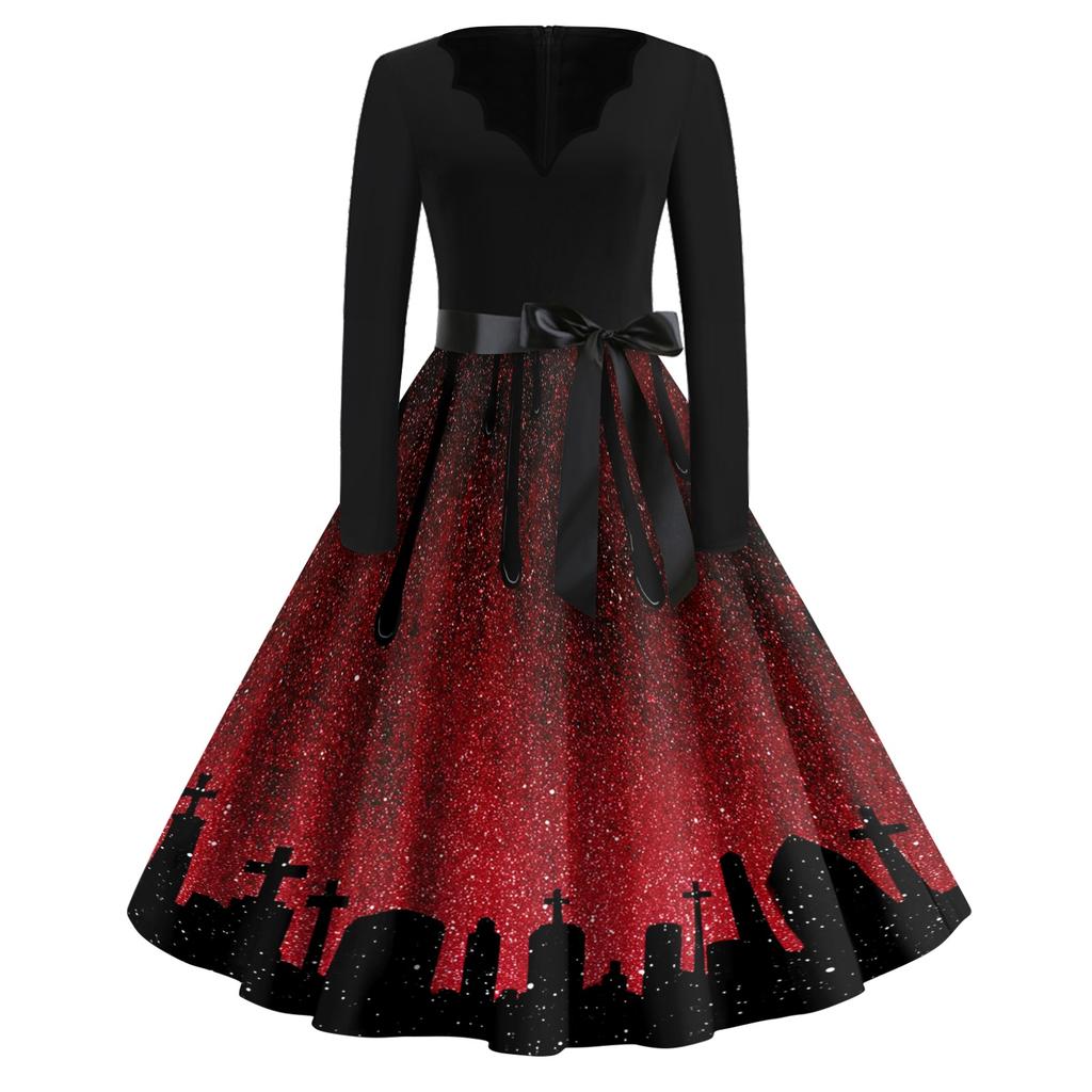Womens Casual V Neck Halloween Print Vintage Dress Long Sleeve Retro Fit and Flare Midi Dress with Waist Tie Belt