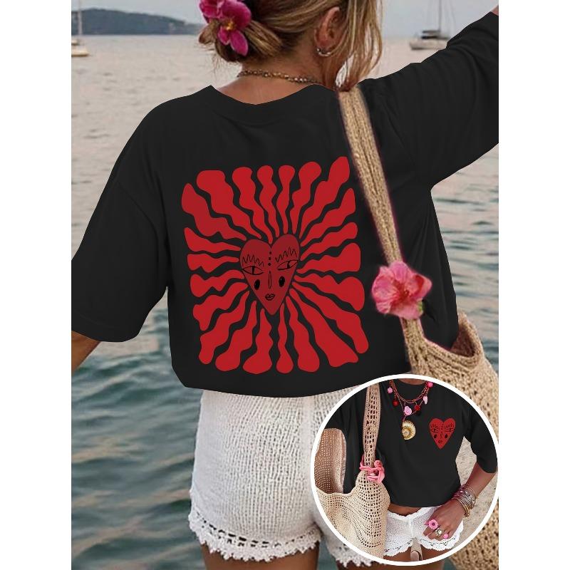

European sizes Fashionable Women S Round Neck Heart Print Casual Summer T-Shirt | Cool Short Sleeves, Geometric Pattern, All-Season Comfort 4XL