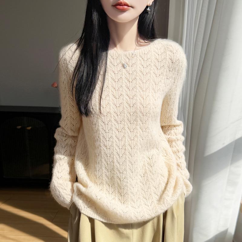 Peacock Tail Hollow Knit Sweater: Fine Wool, Skin-Friendly, Breathable, Solid Color, Lazy Style, Long Sleeve Base Layer