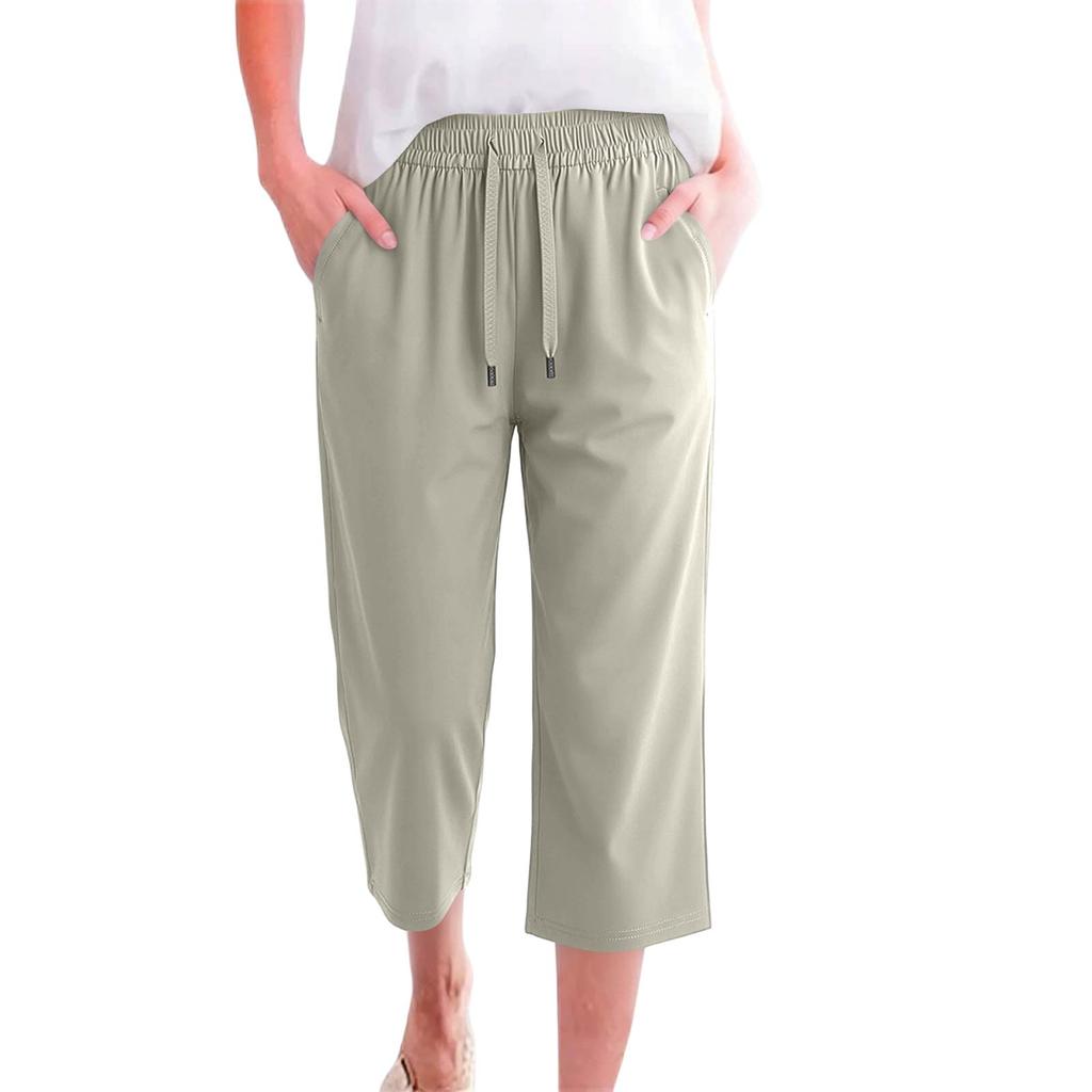 Women High Waist Wide Leg Cropped Pants with Drawstring Elastic Waistband Lightweight Breathable Quick Dry Casual Sports Trousers