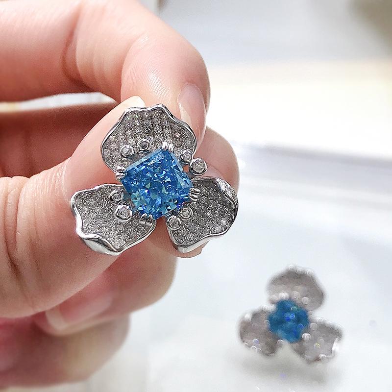Luoxi Silver Aquamarine & Diamond Flower Earrings for Women