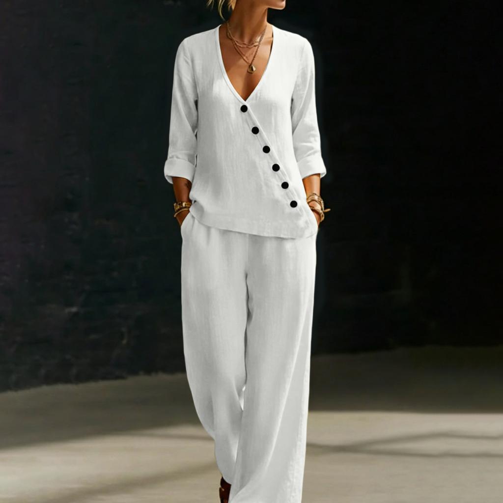 Women's Color Temperament Loose V-neck Button Shirt Wide Leg Pants Two-piece Set