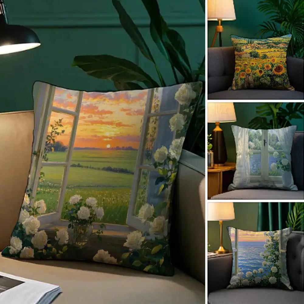 Hand-painted Iandscape Oil Painting Pillow Case Comfort Sofa Bed Silky Elegant Invisible Zipper Decorative Cushion Cover