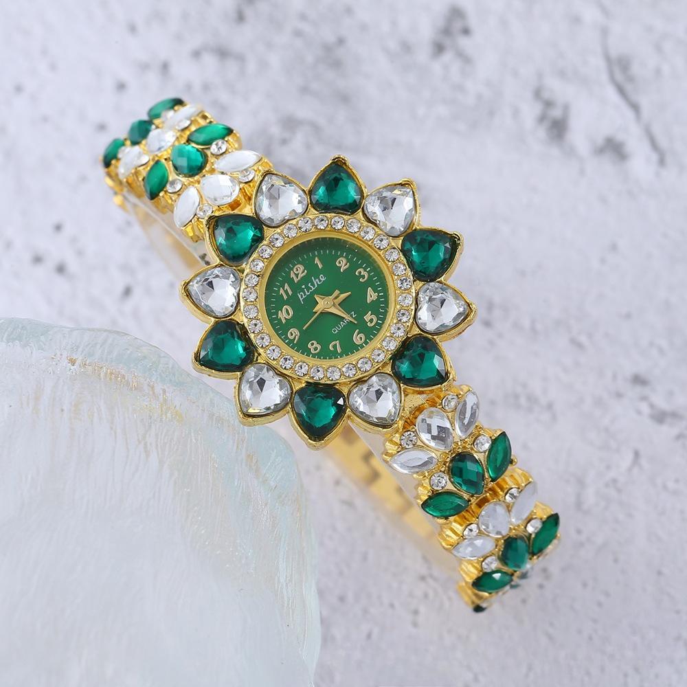 Women Heart Rhinestone Watches Flower Dial Bracelet Strap Quartz Watch Clock