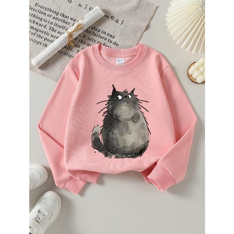 Girls' Long-sleeve Sweatshirt with Round Neck and Printed DesignCute Cat Print Suitable for Spring and Autumn, Fashionable and Casual