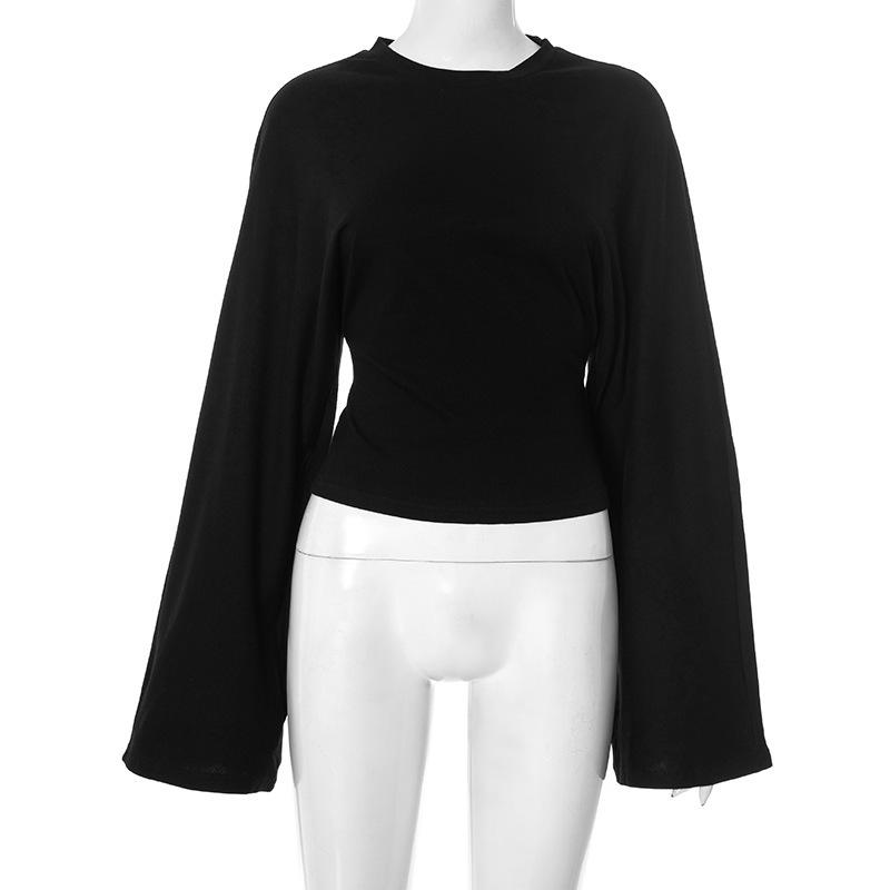 Y25TP201 European and American Women's Solid Color Round Neck, Wide Sleeve, Cinched Waist Sexy Long Sleeve Top