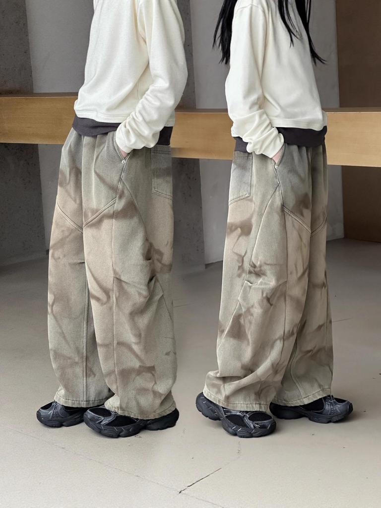 Retro Yellow Mud-Dye Fleece Lined Wide Leg Distressed Jeans for Girls