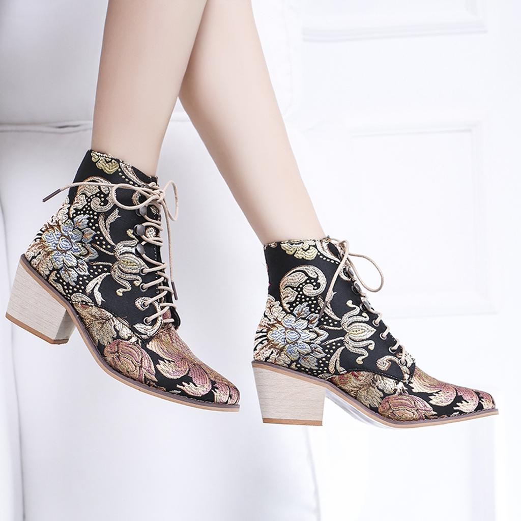 Dámské retro vyšívané kozačky v etnickém stylu Kozačky se špičatým podpatkem Kozačky na silném podpatku