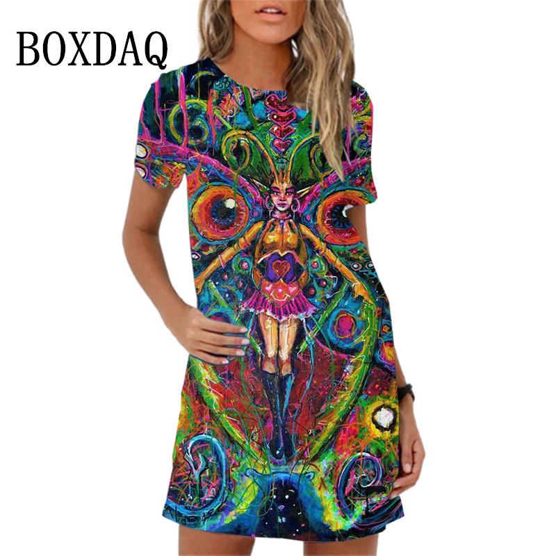 Fashion Owl Print Women Dress Summer Loose Mini Dress 3D Pattern Short Sleeve O-Neck Casual Female Dress