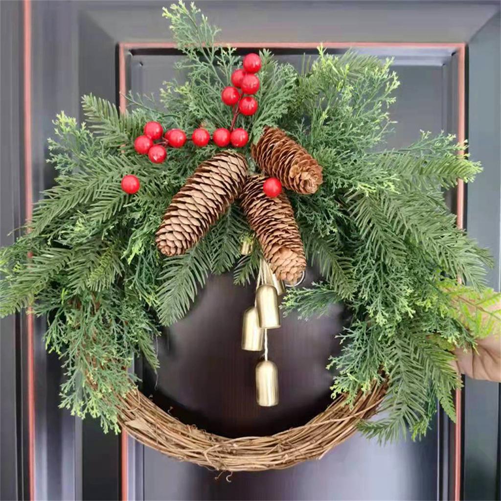 Rustic Christmas Wreath, Artificial Golden Bell Wreath, Xmas Tree Hanging Garland, Handmade Pinecones Grapevine Wreath, Holiday Christmas Decor