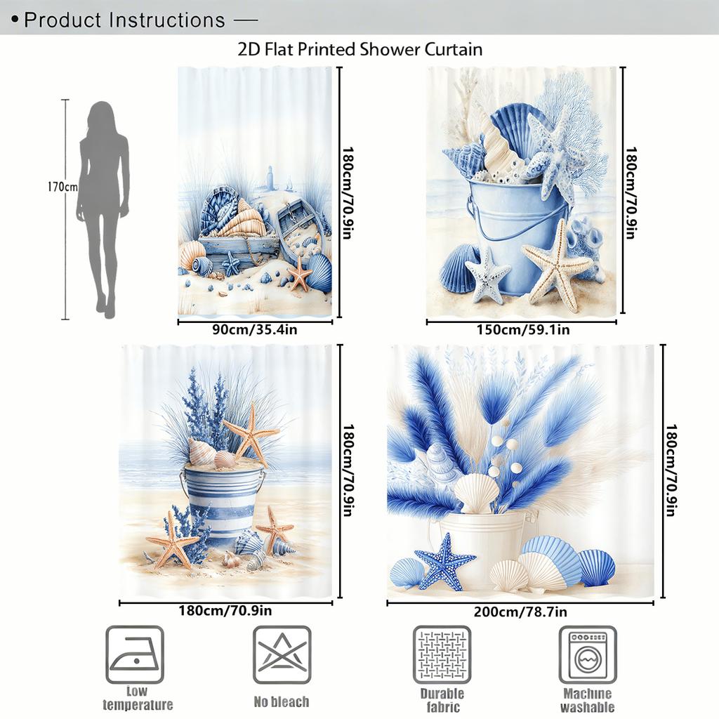 Bathtub Curtain Vibrant Marine Life & Shell Pattern Polyester Shower Curtain - Nautical Style Bathroom Decor Fabric