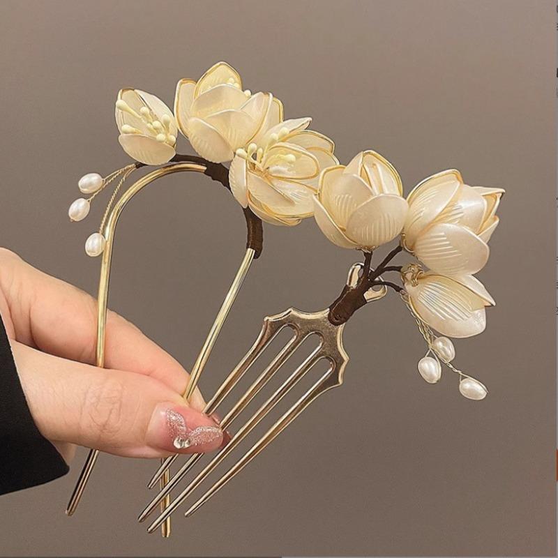 New Chinese Magnolia U-shaped Hairpin, High-end Antique Metal Hairpin Accessories, Headgear, Hair Accessories, Pearls.