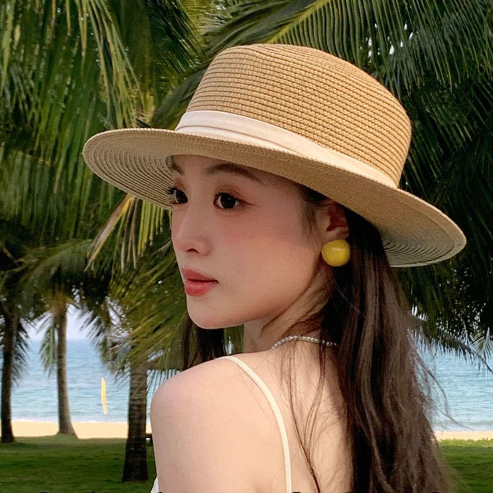 Wide Brim Straw Woven Hat Flat Brim Women's Sun Hat Retro Sunscreen Bucket Hat  Ladies