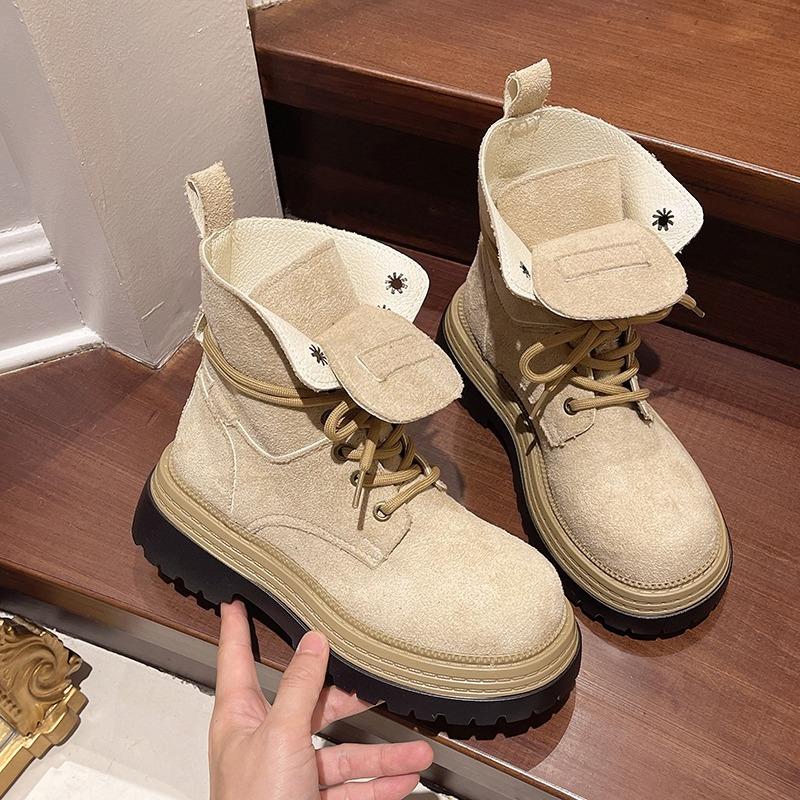 

New Platform Single Boot Fall Round Toe Deep Mouth Front Lace-Up Rear Zip Anti-Slip Booties 35