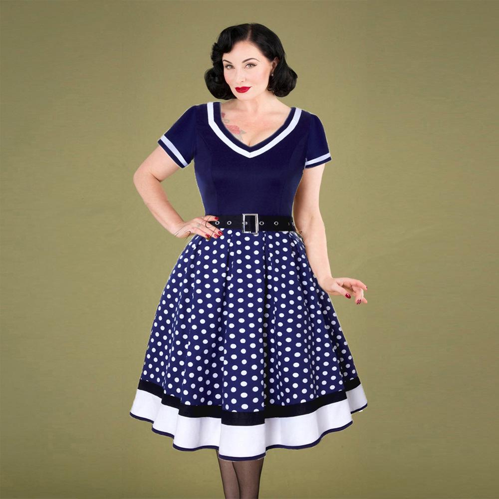 Retro Hepburn Stil Gepunktetes Baumwollkleid mit V-Ausschnitt und breitem Saum