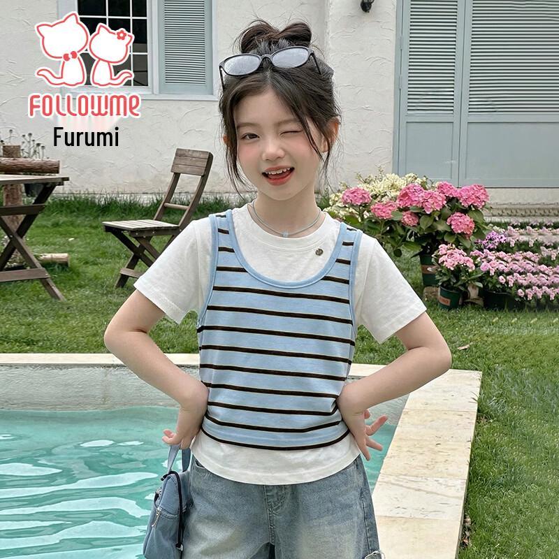 Fuluomi Girls  Summer Korean Striped Faux Two-Piece Short Sleeve T-Shirt 160