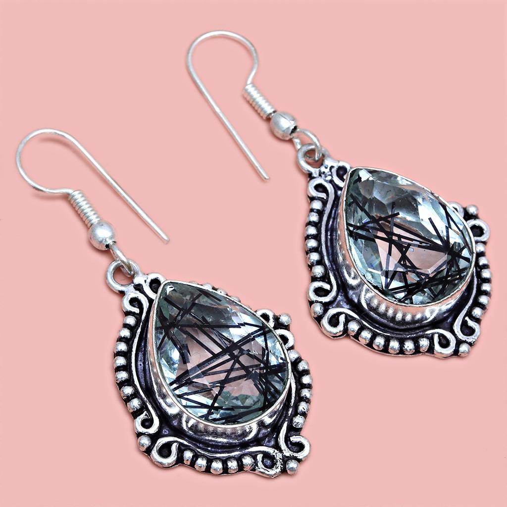 Black Rutile Set Pendant Jewelry Earring 18-20'' Gemstone Handmade