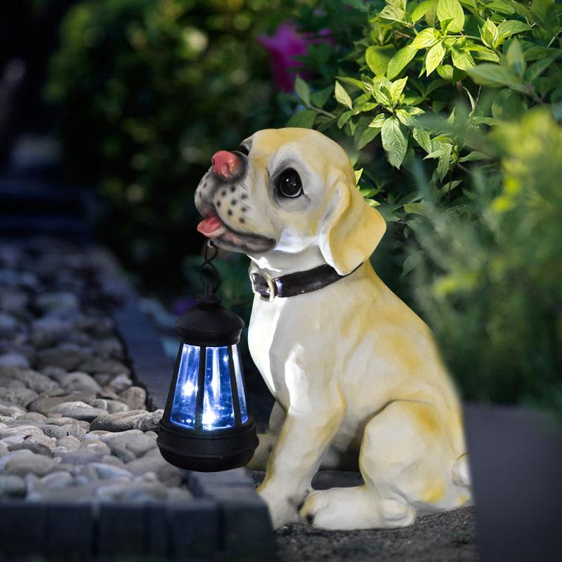 Courtyard Decoration Outdoor Garden Gardening Solar Lamp Realistic Animal Puppy Resin Figurine
