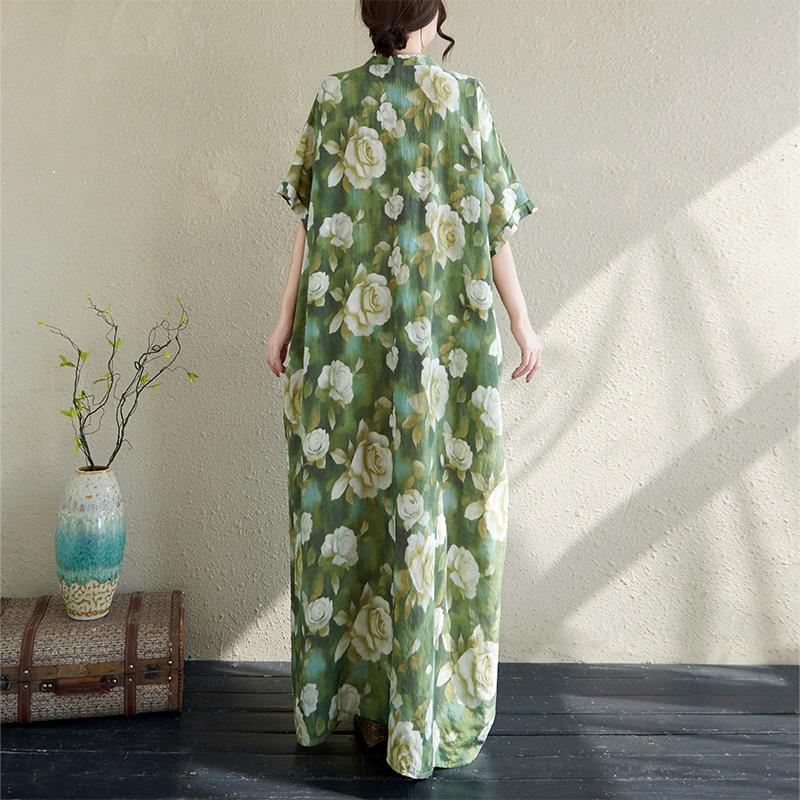 DIMANAF Plus Size 2025 Summer Dress V-Neck Women Casual Vintage Flower Dress Basic Printing Long Loose Dress Maxi