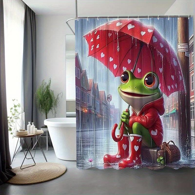 Cute Frog with Umbrella Shower Curtain Cartoon Animal Art Bathroom Decor Rainy Day Kids Bath Curtains for Modern Home Interior W90xH180cm