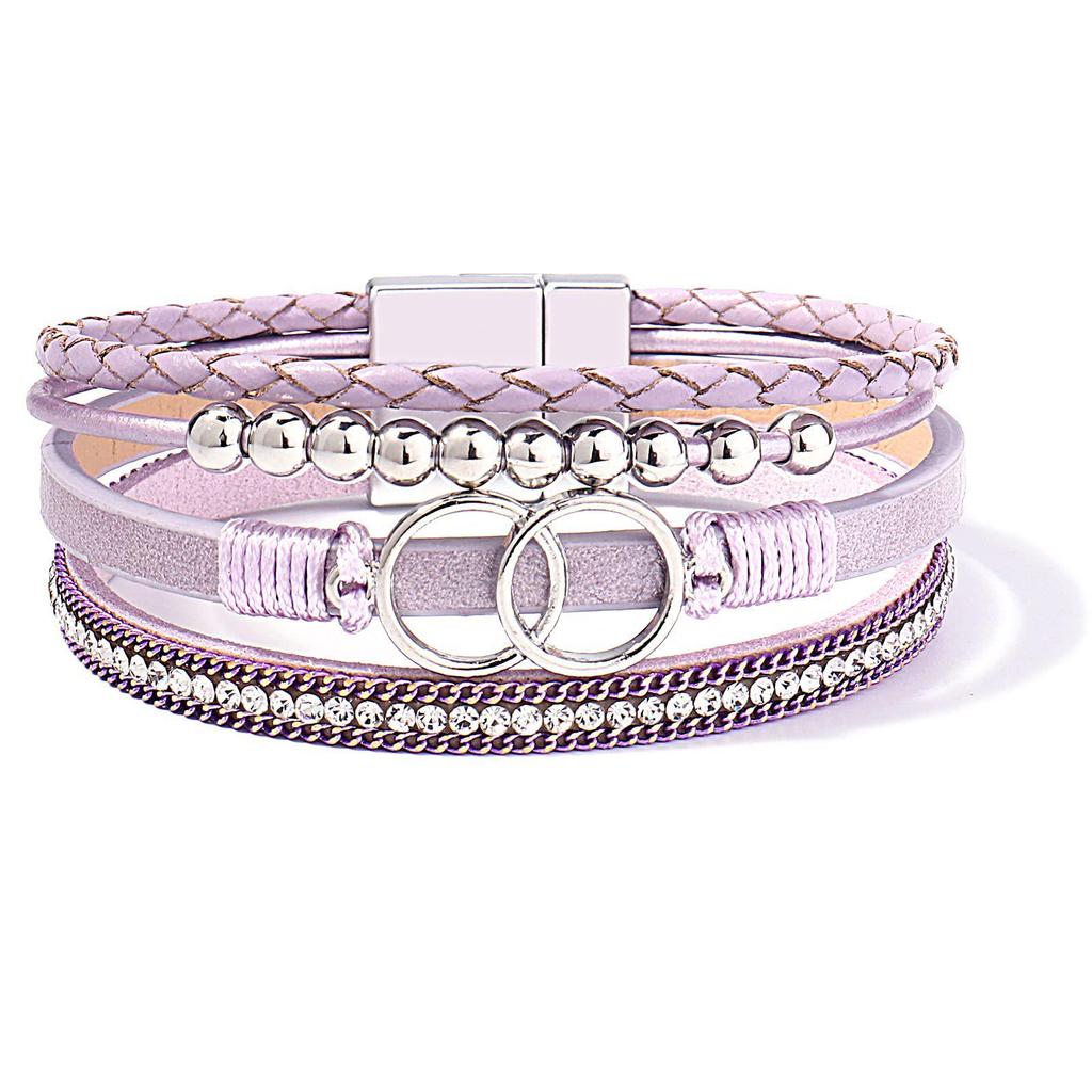 Damen Handgefertigtes Geflochtenes Lederarmband mit Doppelring Magnetverschluss und Strasssteinen