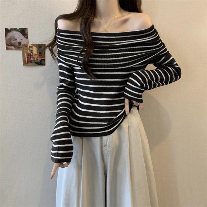 Women's One-Shoulder Striped Knit Sweater: Slim-Fit Spring/Autumn 2023 Design