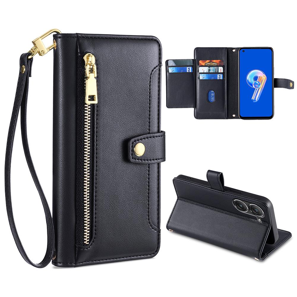 

For Asus Zenfone 9 5G Zipper Pocket PU Leather Stand Case Card Slots Flip Phone Cover with Wrist Strap and Shoulder Strap Black
