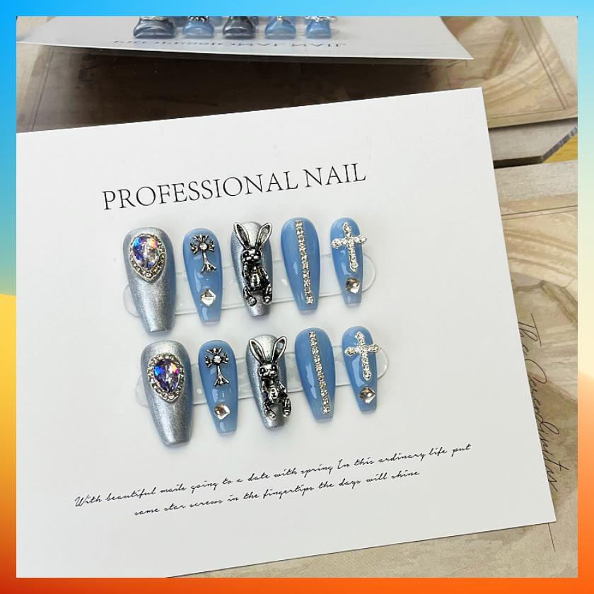 3D Handmade Press On Nails Rabbit with Diamond Cross