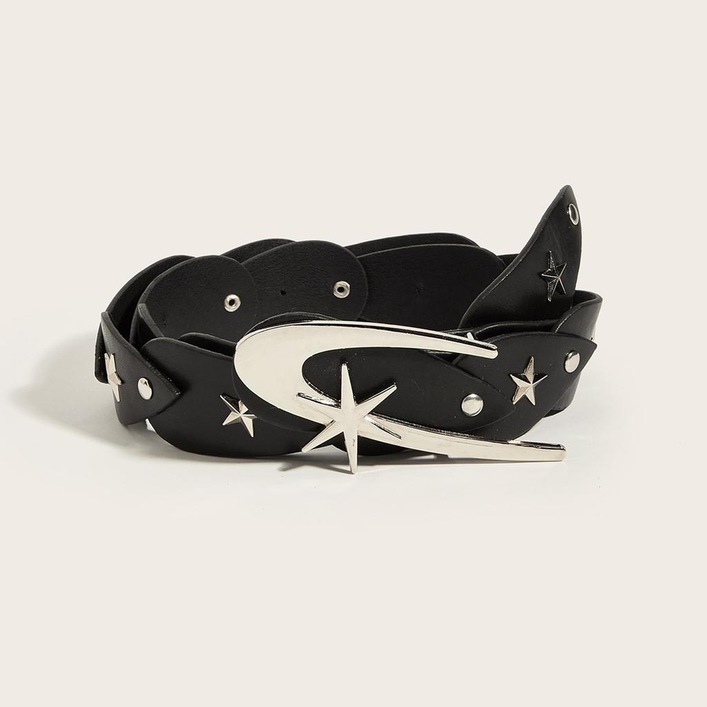 Western Adult Waist Belt with Star Rivet Decors Wear Resistant Stitching Waistband PU Belt for Rock Fan Decorative