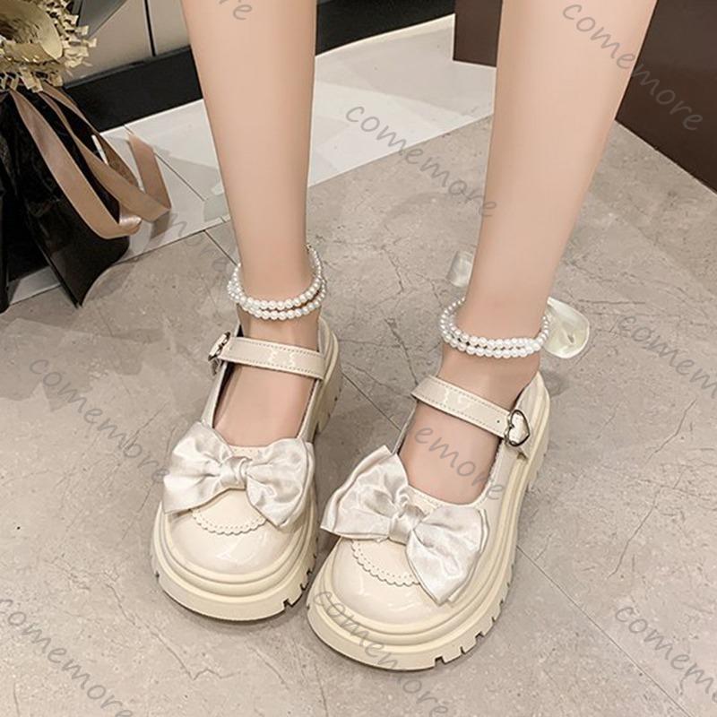 Fashion Comemore Women's Casual Shoes New Kawaii Pearl Chain Mary Jane Women's Shoes Fashion Versatile Lolita Loafers Outdoor Heel Pumps