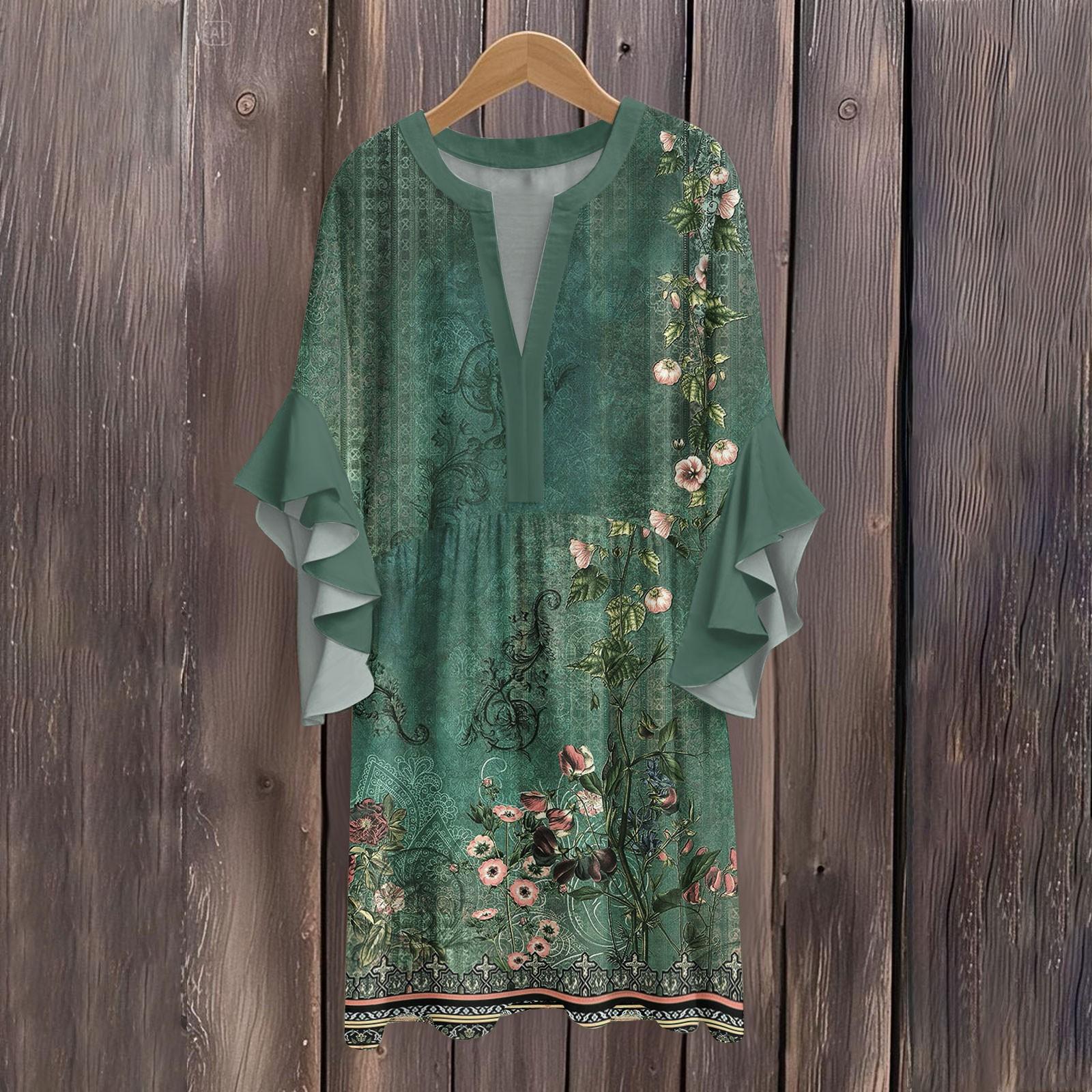 

Women s Casual Fashion Ruffle Sleeve Summer Elegant Flowing Loose V Neck Dress L армія зелений колір