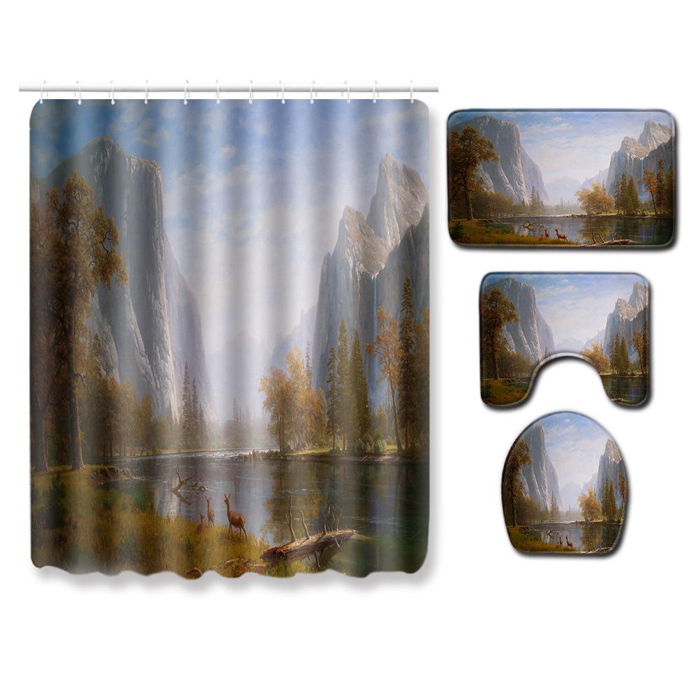 Landscape Shower Curtain Floor Mat Combination Four-Piece Set Bathroom Toilet Carpet Shower Room Mat Foot Mat