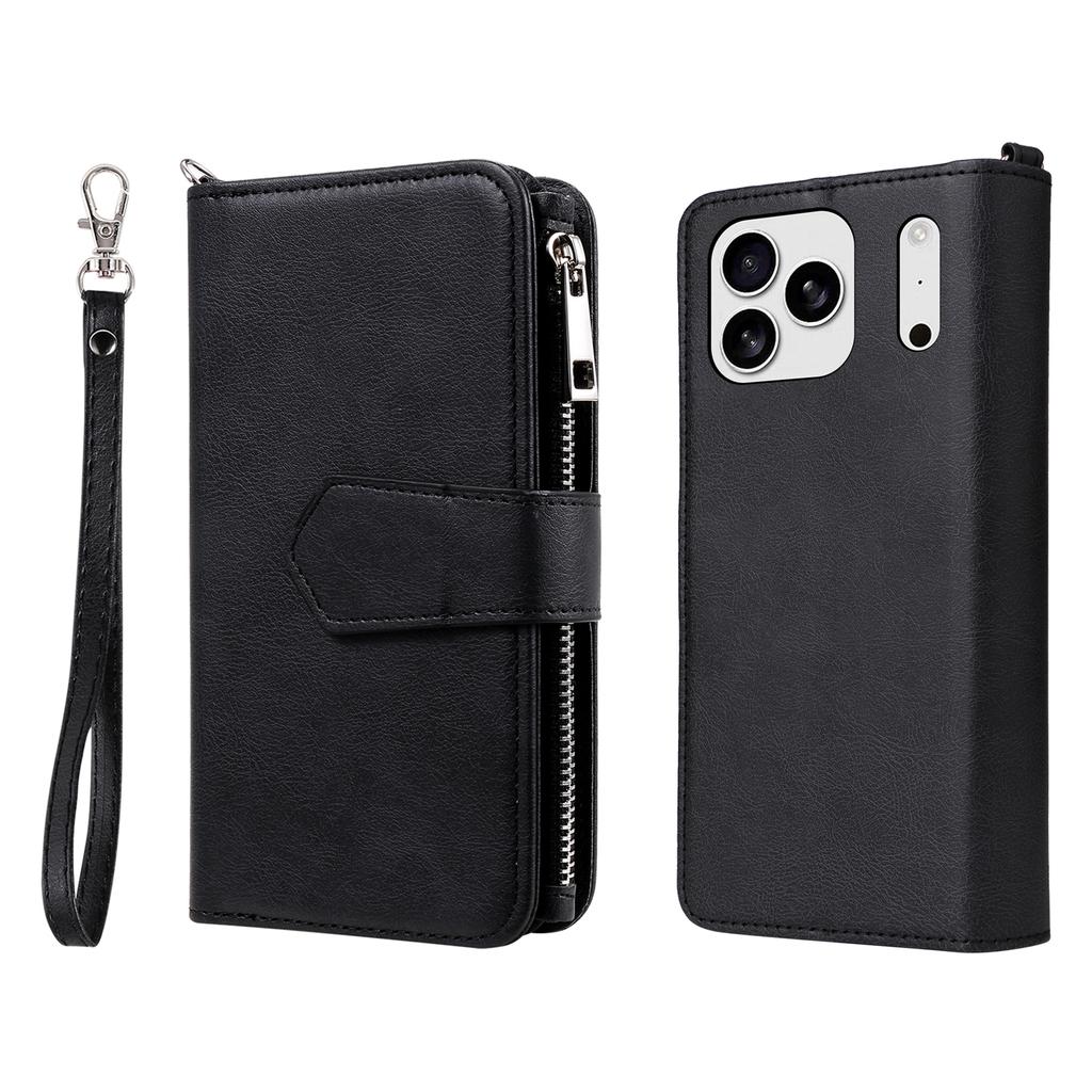 For iPhone 17 Pro Max Magnetic Leather Case Mobile Cover with Detachable Zipper Wallet Strap