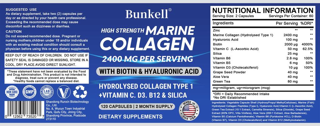 Marine Collagen, Vitamin C, Vitamin B6, Vitamin D3 2400mg/portion, 120 Capsules Dietary Supplement