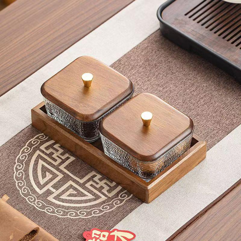 Compartmented Walnut Wood and Glass Snack Tray
