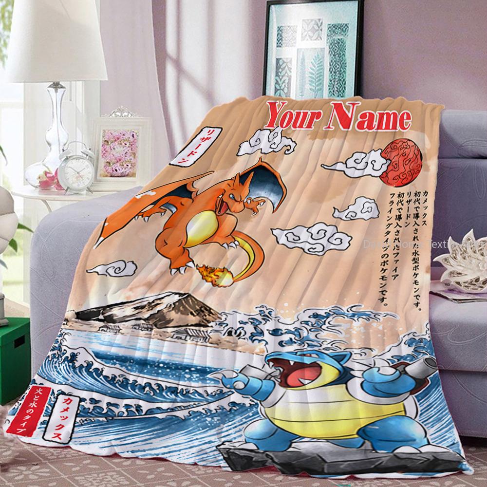 Customized Name Personalized Blanket Pokemon Charizard Flannel Blanket Home Sofa Lunch Break Blankets Children Student Kids Gift
