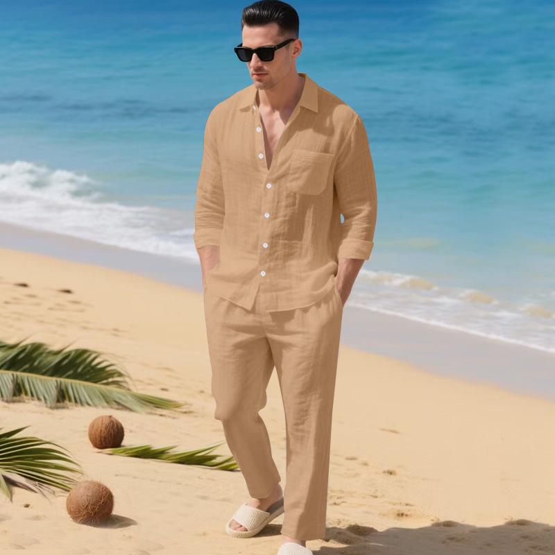 Europäischer & Amerikanischer Leinen Herbst Herren Freizeitanzug: Hemd mit lockerem Revers & Langarm-Strandhose