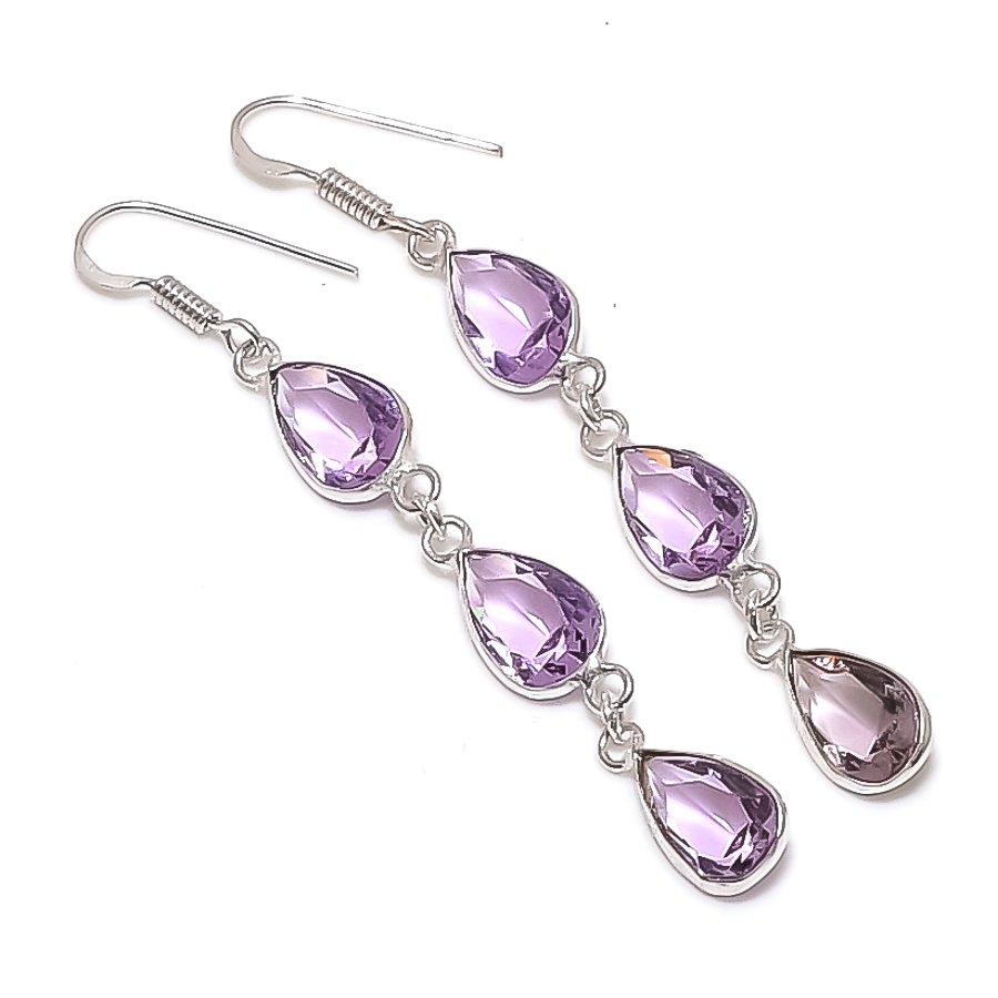 Natural Pink Kunzite Gemstone 925 Sterling Silver Jewelry Earring 2.80" i4D66