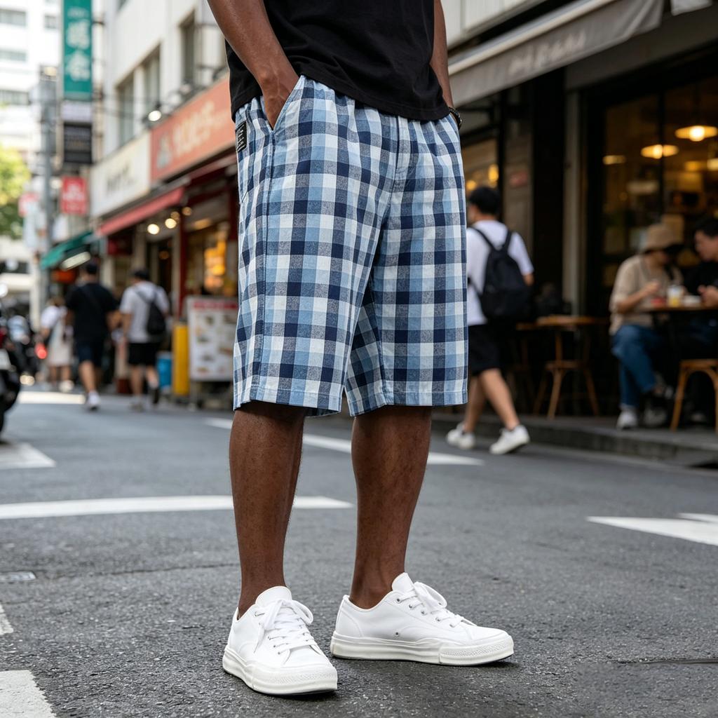 Men's Casual Loose Fit Plaid Shorts Lightweight Breathable Cotton Blend Fabric with Elastic Waistband and Side Pockets for Everyday Wear