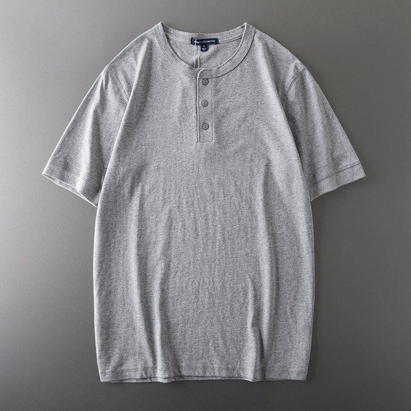 Export Tail Single Cut Label American Heavy Weight Henley Shirt Short Sleeve Men's Henry Collar Hard Han Style T-shirt Menswear Clothing Tops
