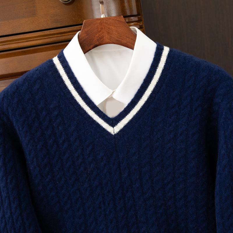 Men s Wool V-Neck Color Block Sweater - Thick Cable Knit for Fall/Winter XXL темно-синий