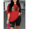 Women's Summer Casual Loose Fit Large Size MELANAN Print Round Neck Short Sleeved T-shirt+shorts Two-piece Set