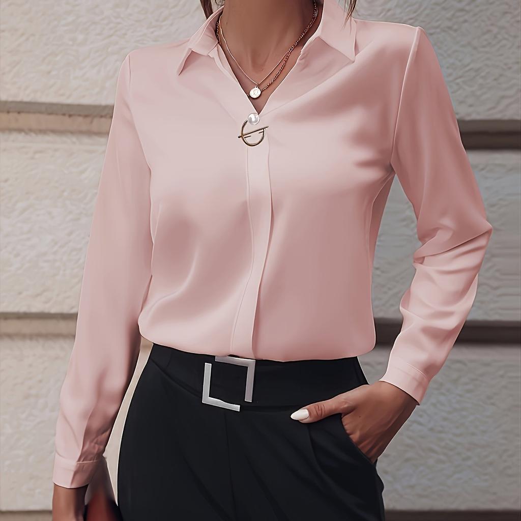 Dámská košile s klopami s dlouhým rukávem, tenká na jaro a podzim, zdobená umělými perlami, standardního střihu, jednoduchá lehká halenka