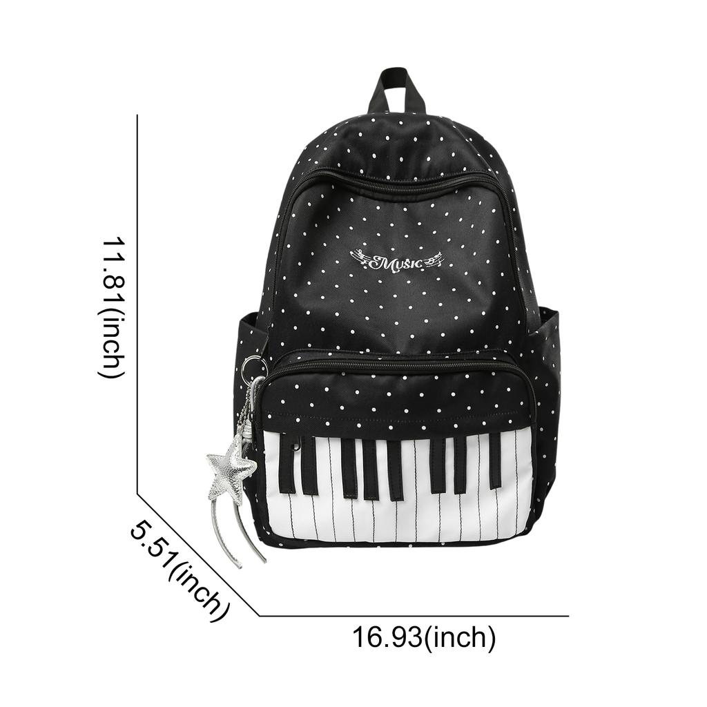 Nylon Casual Laptop Bag 16.9 Inch Polka Dot Piano Key Travel Daypacks with Pendant for Teen Girls Travel Shopping Daily Use