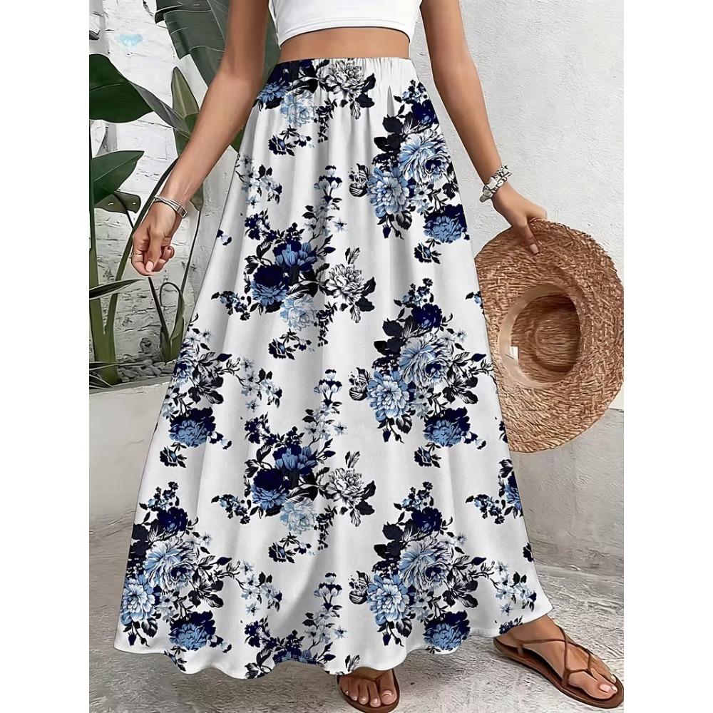 Summer Women's Skirt High Waist Elastic Waist Two-wearing Flower Print Black Vacation Party Beach Skirt