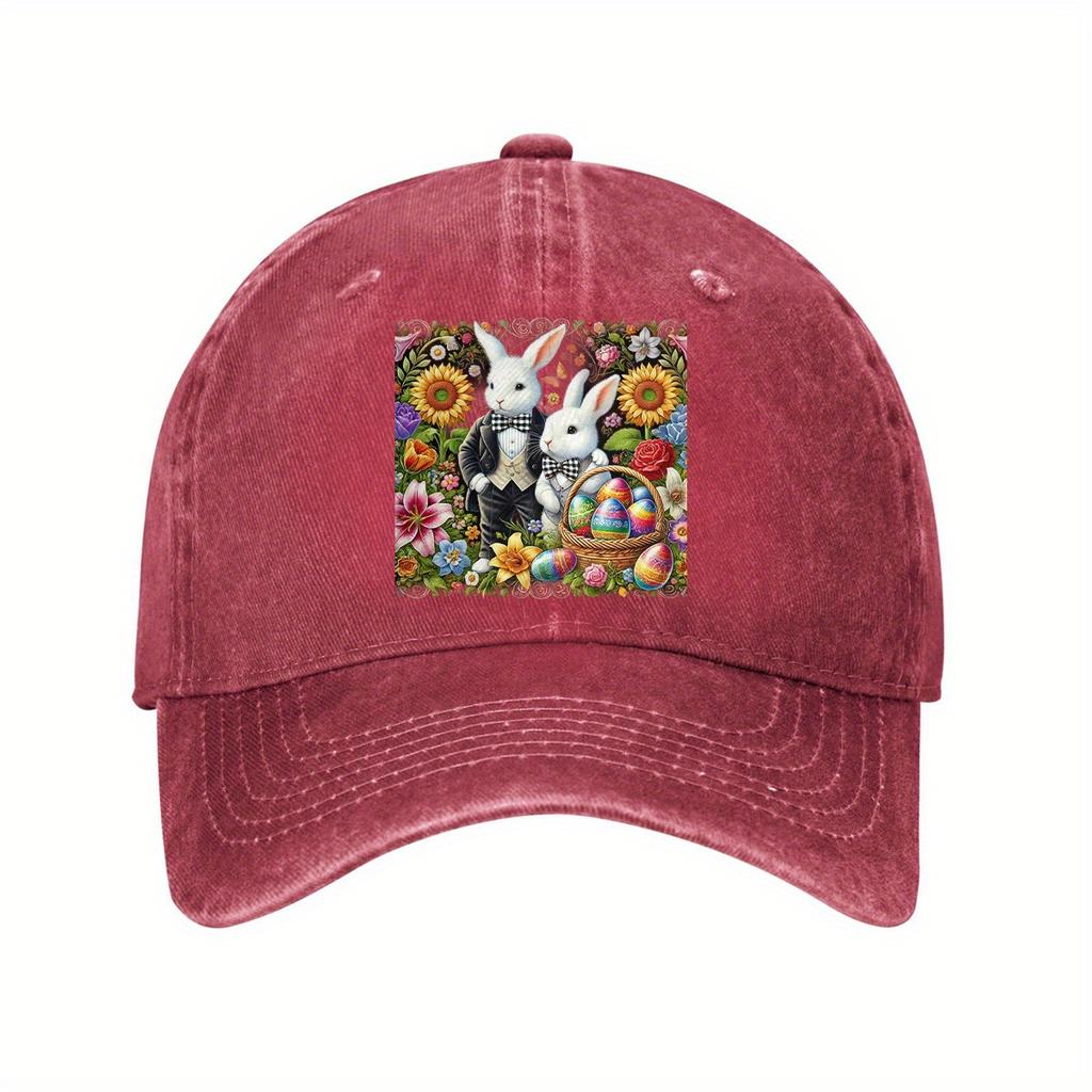 Easter Bunny Eggs Floral Print Baseball Cap Casual Cotton Adjustable Baseball Hat Unisex Holiday Gift