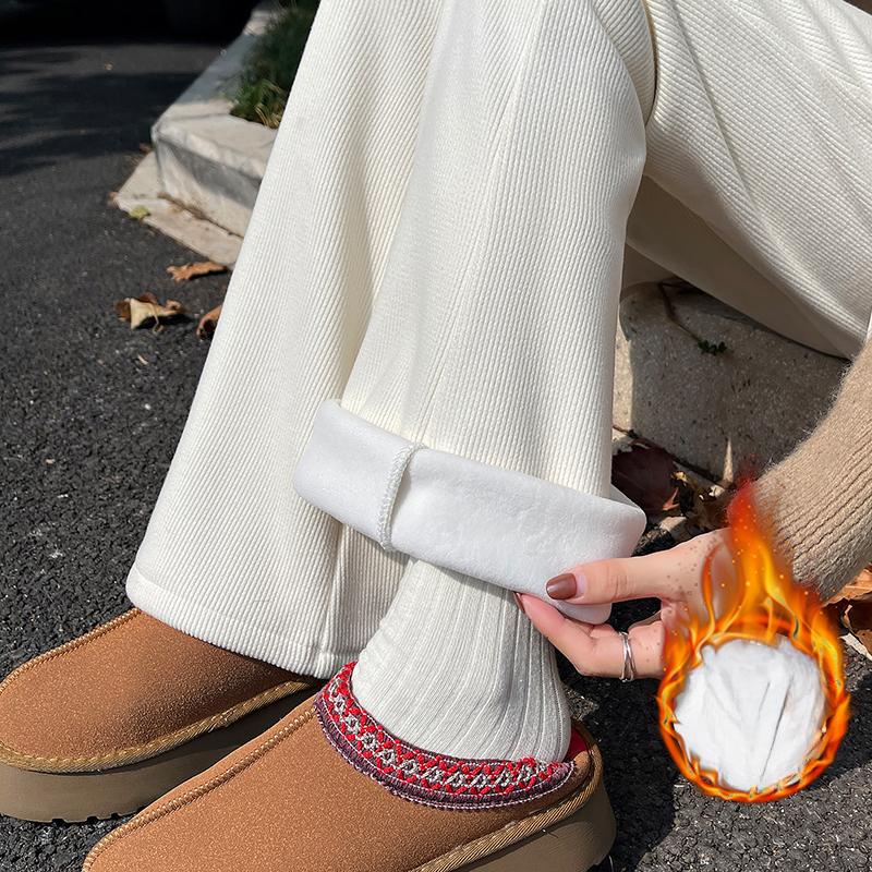 

Осенние новые свободные трикотажные расклешенные брюки для женщин, зимние толстые флисовые облегающие женские широкие брюки с высокой талией, повседневные простые женские брюки 25685 2XL