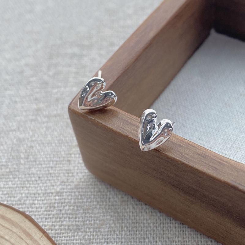 S999 Sterling Silver Korean Style Heart Stud Earrings for Women - Simple, Versatile, Textured Design