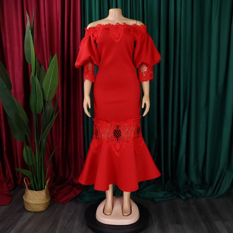 Women Off Shoulder Lantern Sleeve Solid Color Mermaid Long Bodycon Dress