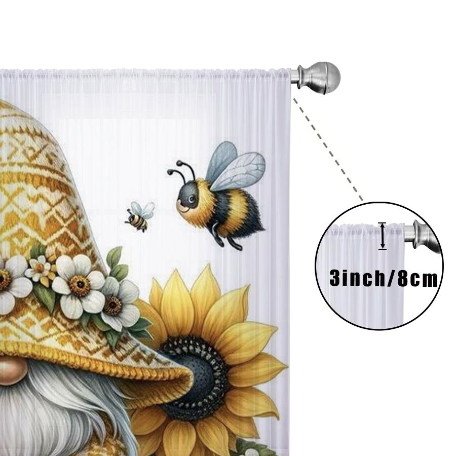 1PC Sheer Curtain Sunflower Gnome Bee Yellow Print, Rod Pocket Window Curtain for Living Room Summer Garden Decor